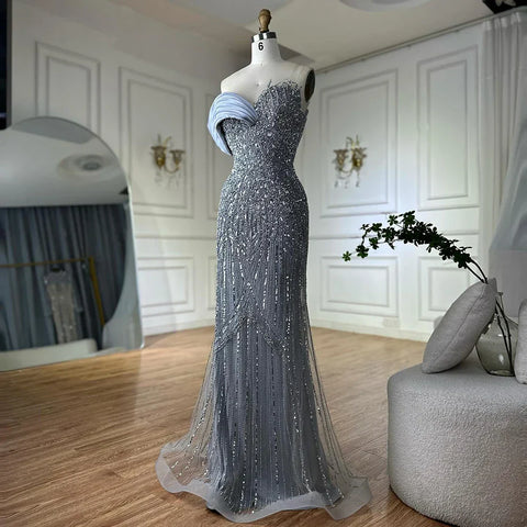 2025 Arabic Green Mermaid Elegant One Shoulder Beaded Long Evening Dresses Gowns for Formal Occasion LA72650