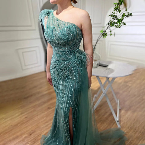 Turquoise Mermaid Sexy High Split With Skirt Beaded Feathers Evening Dresses Gowns 2025 For Women Party LA71955