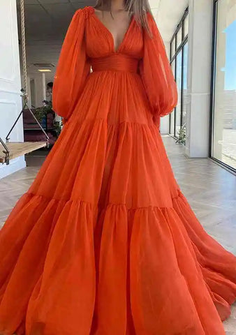 2025 Arabic Red A-Line Long Sleeve Floor-Length Chiffon Prom Dress with Pleats for Women's Party LA72688