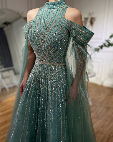 2025 Arabic Turquoise Cape Sleeves A-Line Beaded Feathers Long Evening Gowns for Women Wedding Party LA72644