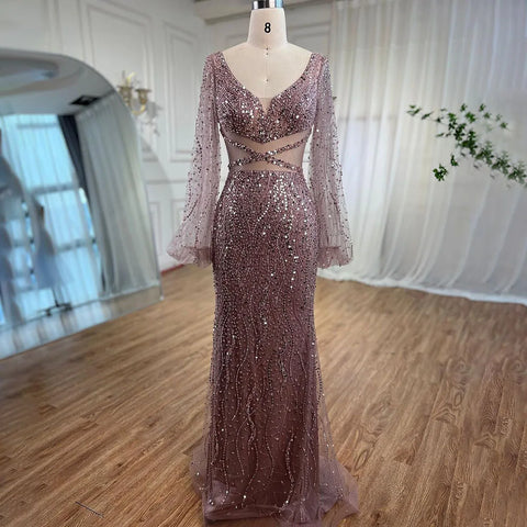 Sexy Mint Mermaid Elegant V-Neck Beaded Luxury Arabic Shiny Evening Dresses Gowns For Women Party 2025 LA71784