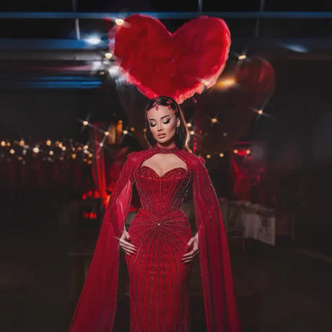 Red Luxury Beaded Mermaid Evening Gown with Cape Sleeves LA72811A
