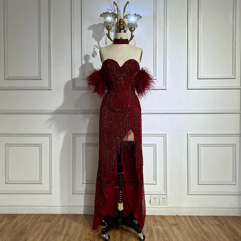 Silver Nude Strapless Mermaid Open Split Sexy Evening Dresses Luxury Beaded Tassel Party Gowns For Women LA72083