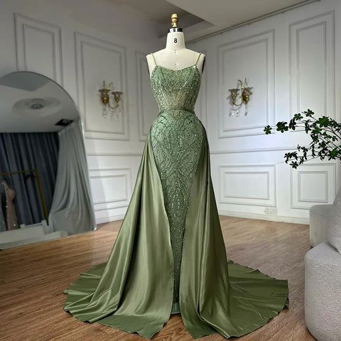 Luxury designer  Sage Green Beaded Evening Dresses  with  Overskirt LA72733A