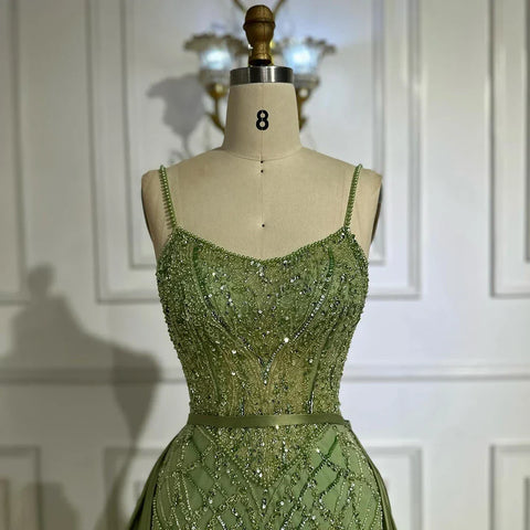 Luxury designer  Sage Green Beaded Evening Dresses  with  Overskirt LA72733A