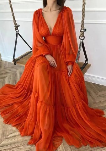 2025 Arabic Red A-Line Long Sleeve Floor-Length Chiffon Prom Dress with Pleats for Women's Party LA72688