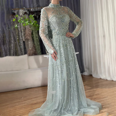 2025 Arabic A-Line Blue Lace Beaded Luxury Evening Gowns for Women's Party Dubai LA72704