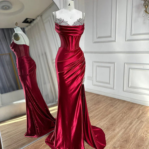 2025 Saudi Arabic Spaghetti Strap Wine Red Satin Evening Dress with High Slit for Formal Occasion LA72776