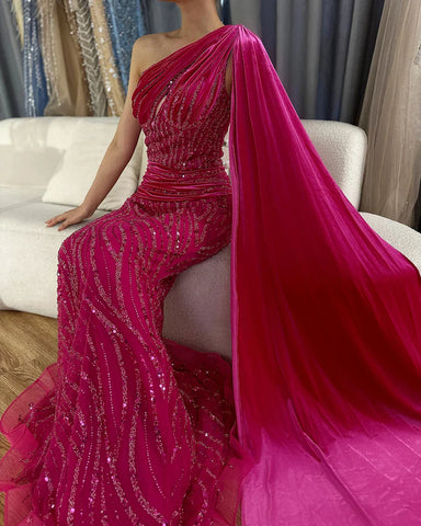 Robe de soirée sirène bleue asymétrique, élégante, manches cape, perles, luxueuse, pour femme, 2025, LA72323 