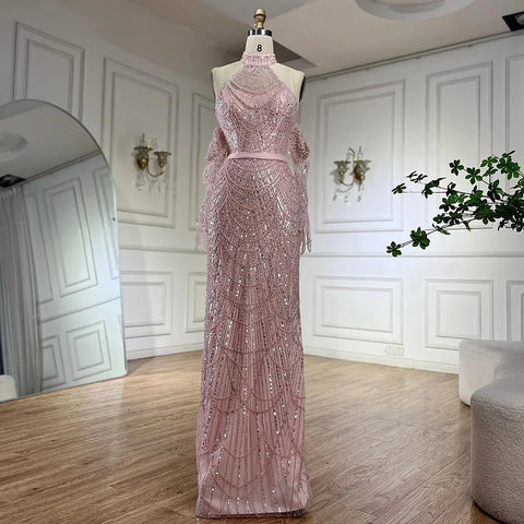 Dubai Arabia Luxury Evening Dresses Gowns 2025 for Women Nude Mermaid With Gloves for Wedding Parties LA72032A