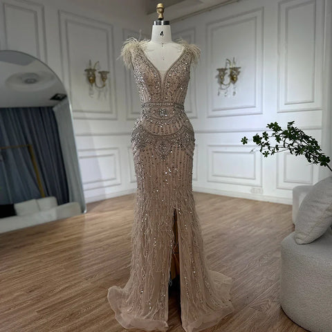 2025 Arabic Blue Elegant Split Mermaid Beaded Feathers Long Evening Dresses Gowns for Formal Occasion LA72742