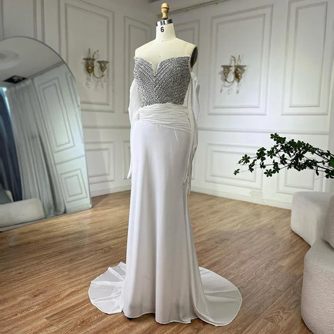 2025 Elegant White Arabic Strapless Evening Gown with Crystal Beaded Dress and Gloves for Formal Occasion LA72758