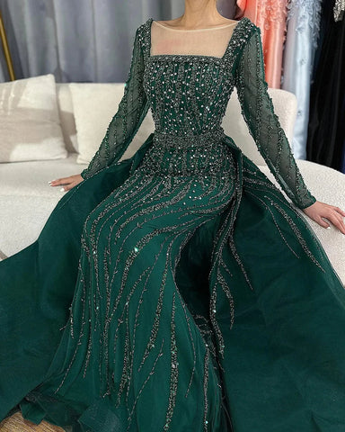 Robe de soirée sirène verte style arabe avec jupe et perles, luxueuse tenue de soirée pour occasions spéciales (2025) (LA72710) 