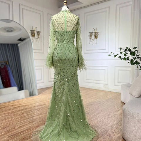 Luxury Beaded Feathers Sage Green Evening Dress Long Sleeves LA72394A
