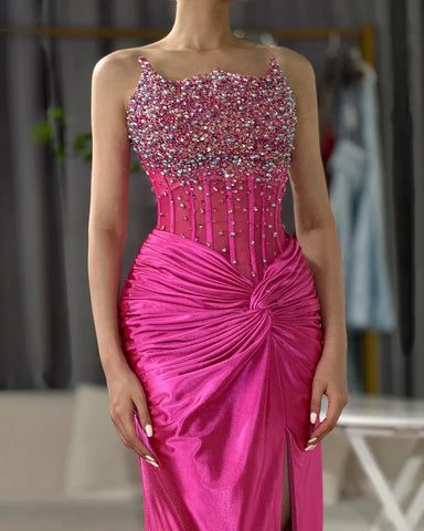 2025 Arabic Fuchsia Strapless Side Split Beaded Mermaid Luxury Dubai Evening Gown for Women's Party LA72671