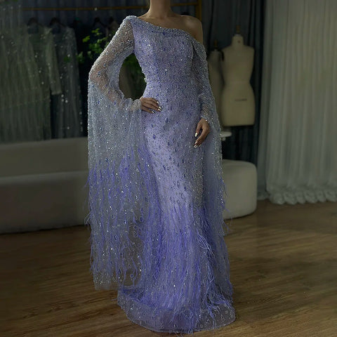 Luxury Feather One Shoulder Evening Dress with Cape Sleeves LA72763