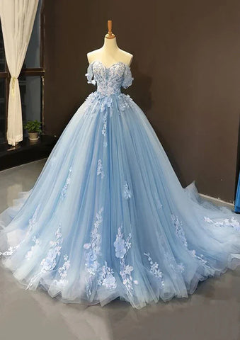 2025 Arabic Blue Ball Gown Off-the-Shoulder Tulle Prom Dress with Appliqués for Women's Party LA72679