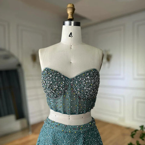 Customize 2025 Saudi Turquoise Strapless Two-Piece Evening Dress with High Split for Formal Occasion LA72786