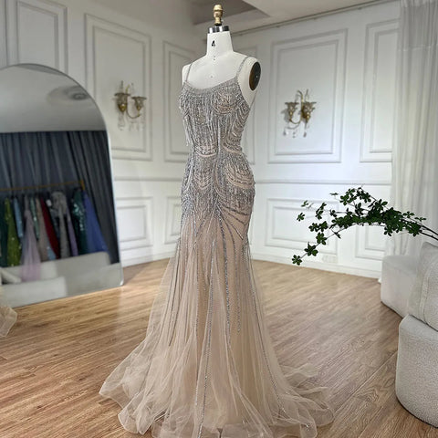 2025 Silver Nude Spaghetti Strap Mermaid Evening Dress Gown with Luxury Beaded Tassels for Formal Occasion LA72772