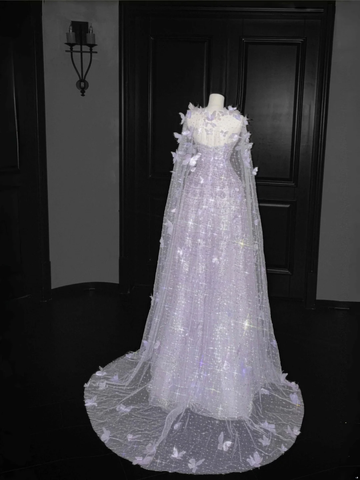 Robe de soirée trapèze en tulle lilas ornée d'appliqués de perles, modèle Y8657