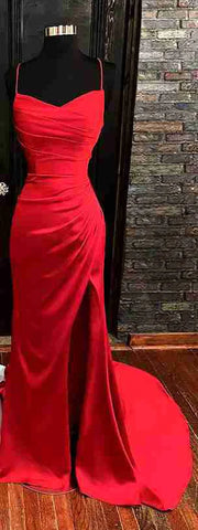 2025 Arabic Red Elegant Spaghetti Strap Pleated Satin Prom Dress with Split for Women's Party LA72675