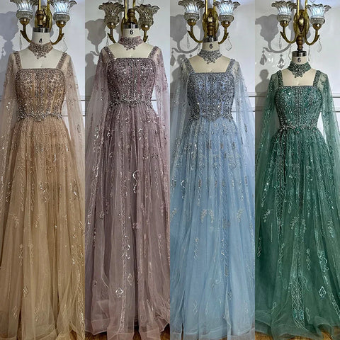 2025 Arabic Nude A Line Cape Sleeve Crystal Beaded Luxury Saudi Evening Dresses Gowns For Formal Occasion LA72764