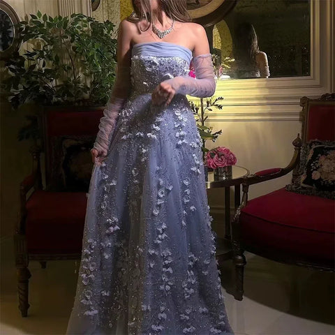 Elegant Peach 3D Flowers Evening Dress with Gloves Arabic Women Wedding Party LA72912