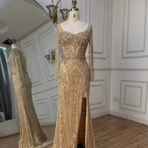 2025 Women Wedding Parties Dubai Arabia Luxury Beaded Evening Dresses Gowns Green Elegant Split Mermaid LA72518