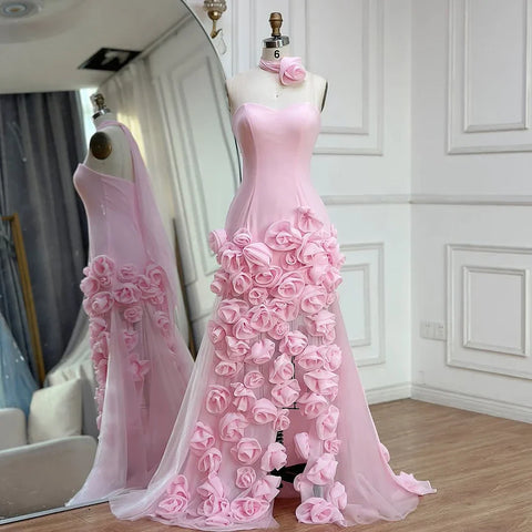 Elegant Evening Dress for Girls Arabic Pink 3D Flowers Elegant Srapless Dress Side Split Prom Party Gowns LA72568
