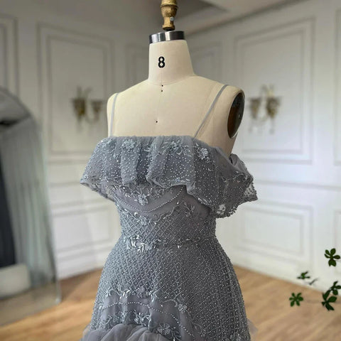 Luxury Silver Gray Off Shoulder Dubai Evening Dress LA72762