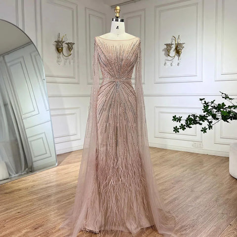 Luxury Lilac Feathers Evening Dresses with Cape Sleeves LA72036