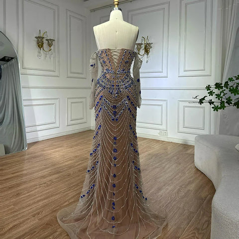 Robe de soirée luxueuse à perles bleues, idéale pour une occasion spéciale, LA72858