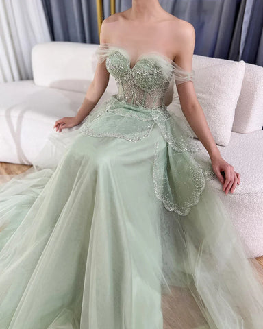 Arabic Sage Green A-Line Elegant Off The Shoulder Luxury Beaded Evening Dress for Women Wedding Party 2025 LA72605