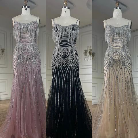 2025 Silver Nude Spaghetti Strap Mermaid Evening Dress Gown with Luxury Beaded Tassels for Formal Occasion LA72772