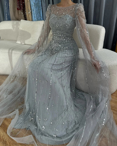 2025 Luxury Dubai Blue Cape Sleeves Alina Beaded Stone Arabic Evening Gowns for Women Wedding Party LA72635