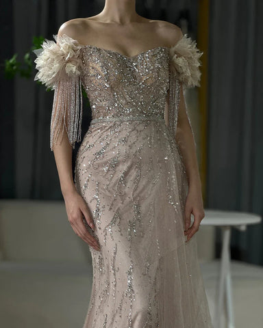 Robe de soirée de luxe style sirène, couleur chair, style arabe, Dubaï, col bateau, perles et pompons, pour femmes, fête de mariage, 2025, LA72260 