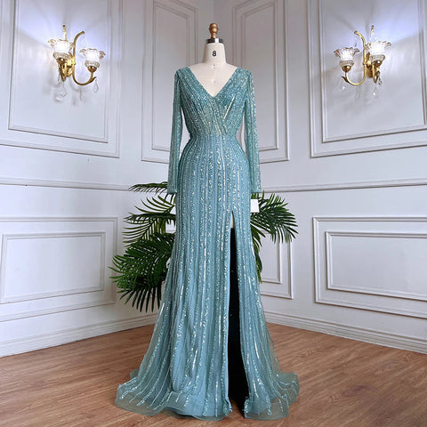 Silver Blue Mermaid Split Evening Dresses Gowns 2025 Beaded Elegant Luxury For Women Party LA71392