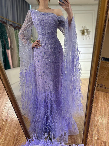 Luxury Feather One Shoulder Evening Dress with Cape Sleeves LA72763