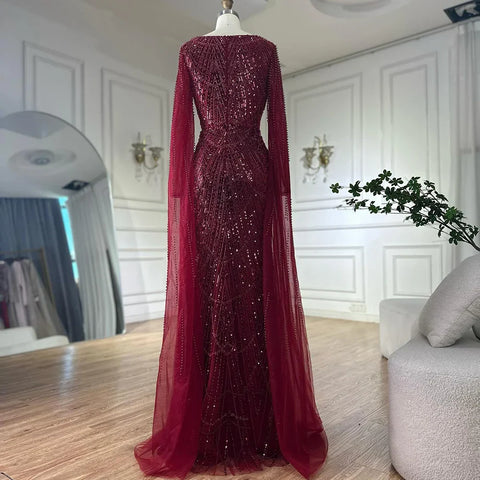 2025 Saudi Arabic Turquoise Mermaid Evening Dress With Pearls Beaded Cape Sleeves For Formal Occasion LA72590A