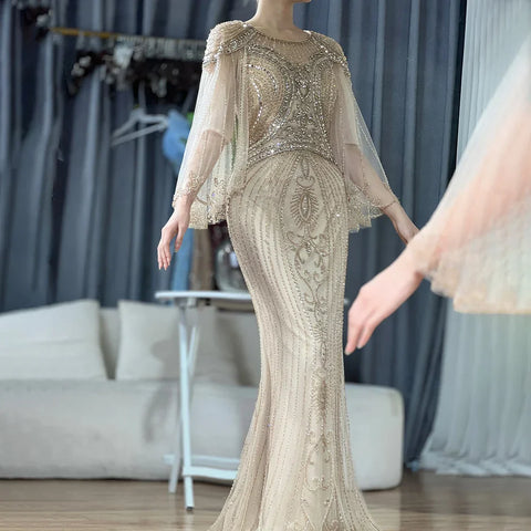 2025 Arabic Gold Elegant Mermaid Beaded Long Evening Dresses Gowns for Formal Occasion LA72749