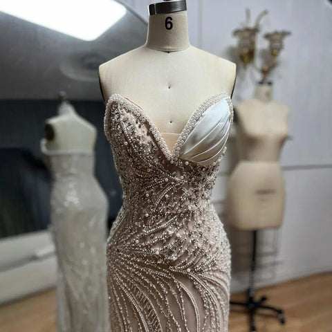 2025 Arabic White Nude Mermaid Gown Pearls Beaded Luxury Saudi Evening Dress for Formal Occasion LA72712