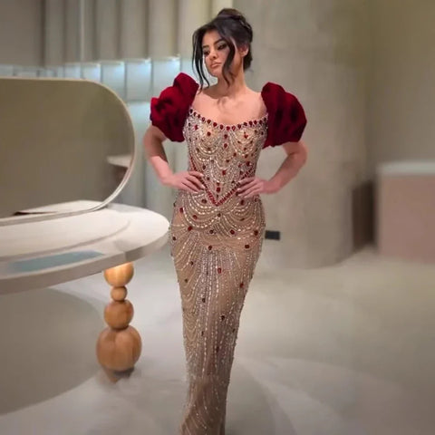 Vestidos de noche de lujo con cuentas, elegantes mangas abullonadas y diseño adornado con perlas LA72903 