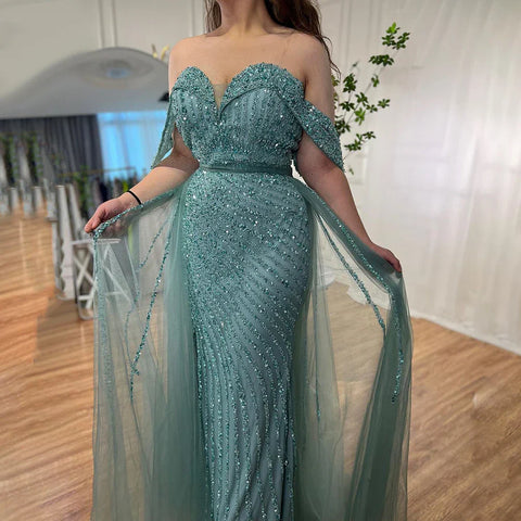 Robe de soirée élégante style sirène nude avec jupe, épaules dénudées, fendue et perlée, pour femme, modèle LA71728, 2024 