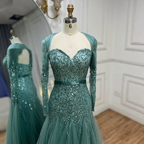 On Sale no return no refund Arabic Sexy Sweetheart Fuchsia A Line Long Sleeves Luxury Beaded Evening Dresses Gowns For Women Party 2025 LA71810