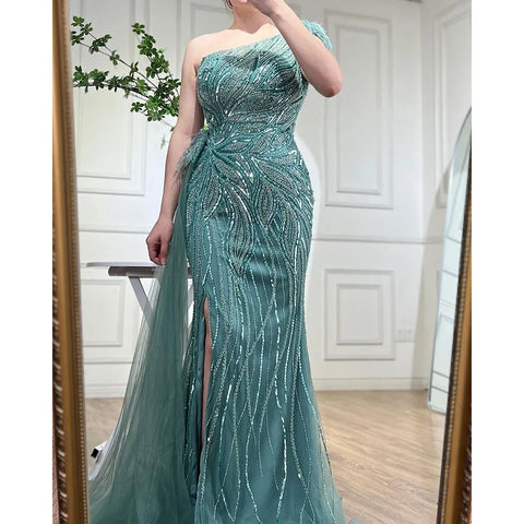 Turquoise Mermaid Sexy High Split With Skirt Beaded Feathers Evening Dresses Gowns 2025 For Women Party LA71955