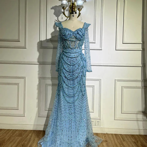 2025 Arabic Sage Green Sweetheart Mermaid Pearls Beaded Luxury Dubai Evening Gown for Women's Party LA72660