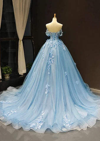 2025 Arabic Blue Ball Gown Off-the-Shoulder Tulle Prom Dress with Appliqués for Women's Party LA72679