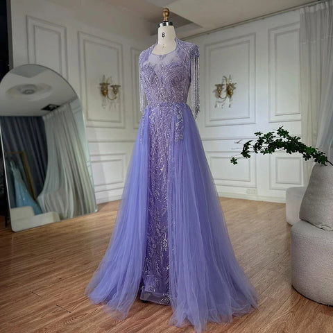 2025 Arabic lilac Elegant A Line Beaded Tassel Luxury Dubai Evening Dresses Gowns for Woman Wedding Party LA72422