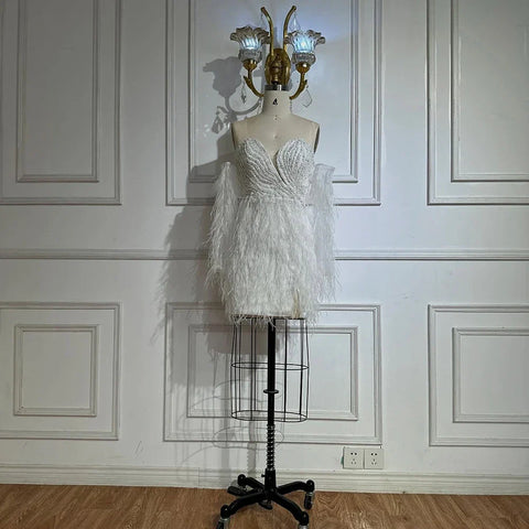 Sexy Blue Tube Top Long Sleeves Short Dresses Beaded Mermaid Feather Dress Cocktail Dresses For Women Party LA71770