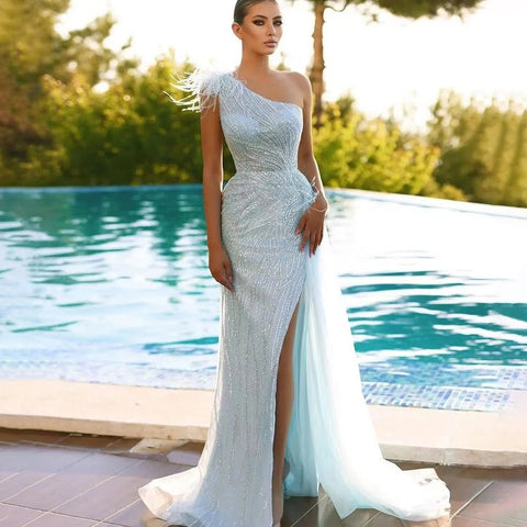 Turquoise Mermaid Sexy High Split With Skirt Beaded Feathers Evening Dresses Gowns 2025 For Women Party LA71955